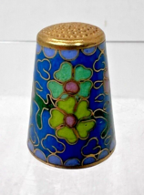 Stunning Cloisonne Brass Thimble Blue Background Floral &amp; Leaf Design Bu... - $22.28