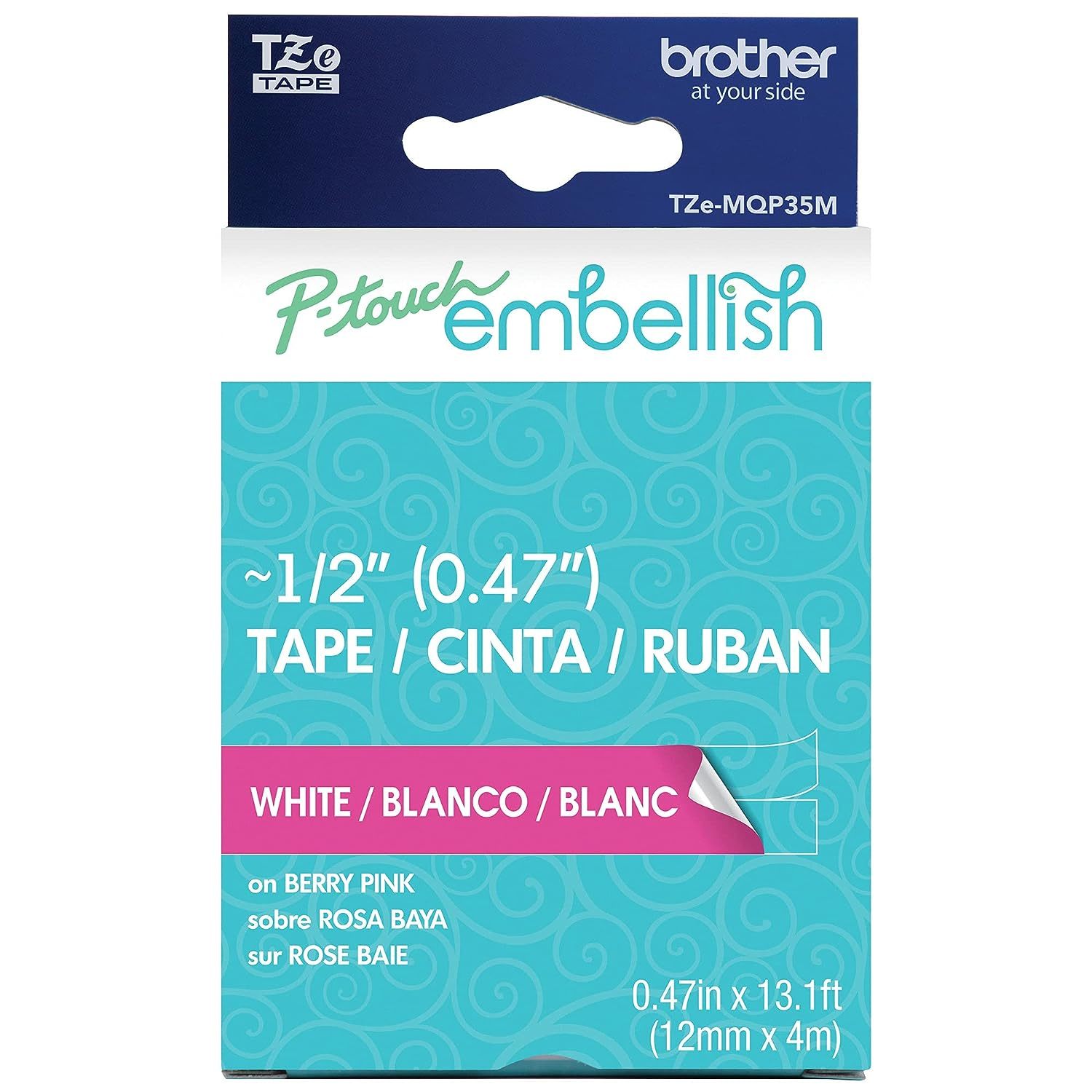 Primary image for Brother P-Touch Embellish White Print on Berry Pink Tape TZE-MQP35M - ~1/2" Wide