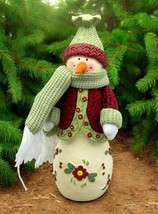 Vintage Floral Snowman Christmas Figurine Green Scarf Hat Rustic Farmhouse - $16.89