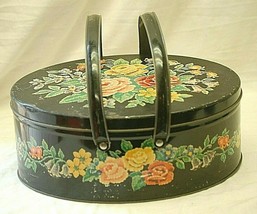 Floral Cross Stitch Lithograph Tin Can Double Handle Oval Container - £17.10 GBP