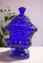 Vintage Cobalt Blue Glass Square Small Lidded Pedestal Trinket Dish Jar 4.75&quot; H - £11.69 GBP