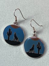 Round Blue &amp; Black Enamel Howling Wolf At Cactus Round Dangle Earrings for Pierc - $13.09