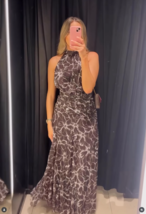 ZARA BNWT 2025. BROWN HALTER FLORAL PRINT TULLE MAXI DRESS. 5039/143/700 - $94.27