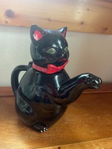 Vintage Black Ceramic Kitty Cat w Red Neck Bow &amp; Green Eyes Milk Pitcher –  - £18.79 GBP