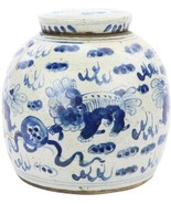 Jar Vase Vintage Ming Lion Small White Blue Ceramic - $300.51 CAD