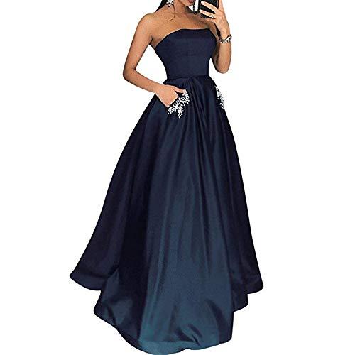Kivary Strapless Beaded Pockets Satin Long Formal Evening Prom Dresses Dark Navy