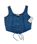 Japna Y2K Top S Blue Chambray Cropped Corset Lace Up Eyelet Festival Boh... - $41.25 CAD
