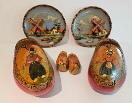 Vtg DUTCH Handpainted 2 WINDMILL PLATES + 2 Pairs WOODEN SHOES Miniature... - $223.67 MXN