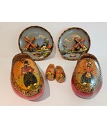 Vtg DUTCH Handpainted 2 WINDMILL PLATES + 2 Pairs WOODEN SHOES Miniature... - $220.44 MXN