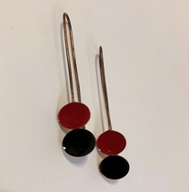 Double Dot Earrings Red Black Sterling Silver Handmade Unique Long Hook Drop - £47.96 GBP