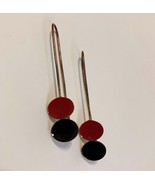 Double Dot Earrings Red Black Sterling Silver Handmade Unique Long Hook ... - £44.83 GBP