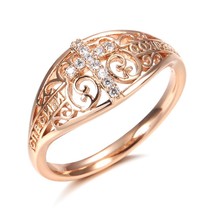 Hot 585 Rose Gold Cross Ring Micro-wax Inlay Natural Zircon Hollow Flower Rings  - £7.30 GBP