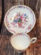 Crown Staffordshire Demitasse Tea Coffee Cup &amp; Saucer Flower Basket Bone China - £17.47 GBP