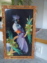 1950&#39;s  Mexican Feathercraft Bird Picture Hand Carved Wood Frame (10.5 x 17 3/4) - £119.61 GBP