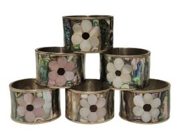 VINTAGE ABALONE Flowers MOTHER OF PEARL NAPKIN RING SET 6 Silver Mexico  - $97.02