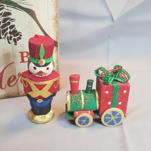 Pier One Train &amp; Nutcracker Wood Crepe Paper Christmas Ornaments Glitter x2 Set - £14.78 GBP