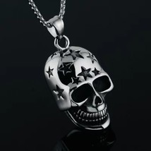 Mens Punk Gothic Skull w. Star Pendant Necklace Retro Rock Jewelry Box Chain 24&quot; - £7.18 GBP