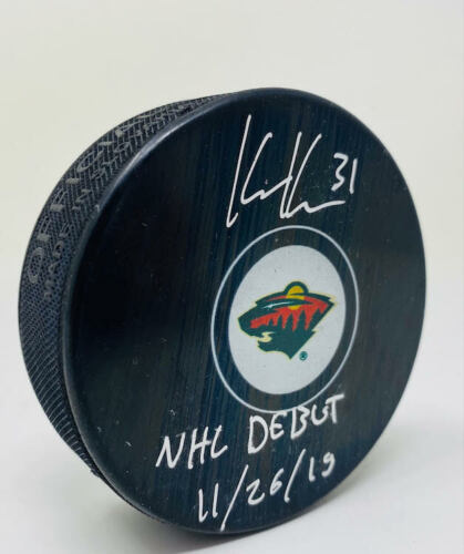 Primary image for KAAPO KAHKONEN Autographed Wild "NHL Debut 11/26/19" Official Puck FANATICS