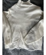 White Knit Women’s Mock Neck Sweater With Silver Beads And Distressing S... - $419.40 MXN