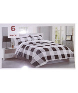 Plaid Bedspread 6-PC Set   Queen King Black White &amp; Gray Classic Quilted... - £70.29 GBP