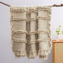 Ultra Soft Pre-Washed Quilted Boho Throw Blanket, Ruffle Fringed Beige, 50&quot;X 60&quot; - $40.92