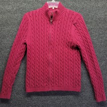 LL Bean Women&#39;s Cable Knit Full Zip Sweater Sz M Red 100% Cotton - £22.69 GBP