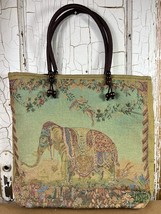 Vintage Elephant Stitched Tapestry Tote Bag Large Double Handles Wooden ... - $37.18