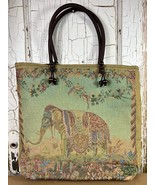 Vintage Elephant Stitched Tapestry Tote Bag Large Double Handles Wooden ... - $51.82 CAD