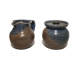 NC Pottery Turn And Burn 3&quot; Stoneware Glazed Cobalt Blue Creamer Covered Sugar  - £31.31 GBP