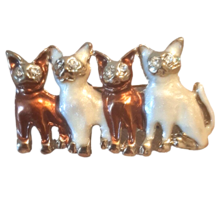 4 Kitty Cats in a Row Pin Brooch  Gold Tone and White 1.75” - £15.43 GBP