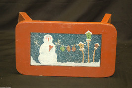 Vintage Style Wooden Snowman Scene Red Christmas Stool Rustic Holiday Decor - $19.79