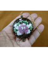 J518-4 Black pink flower 42mm round flat CLOISONNE disk 3D pendant 24&quot; n... - €24,98 EUR
