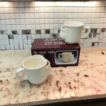 Vintage Ceramic Tea Mug With Pouch Set Of 2 Taiwan Ivory Brown Stripes I... - $25.87