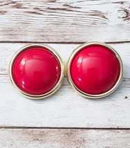 Vintage Clip On Earrings 1 &amp; 3/8&quot; Statement Earrings Domed Red with Gold Tone - £11.98 GBP