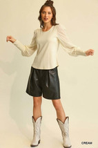 Cream Solid Round Neck Knit And Chiffon Mixed Long Sleeve Puff Top_ - £15.01 GBP