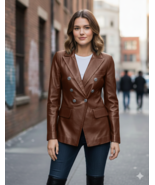 Blazer Oficina Ropa Formal Mujeres Hecho a Mano Cuero Marrón Genuino Ele... - $169.50+