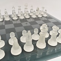 15” x 15” Fine Beveled Glass Chess Set—Clear &amp; Frosted Pieces, Dark Board - £22.28 GBP