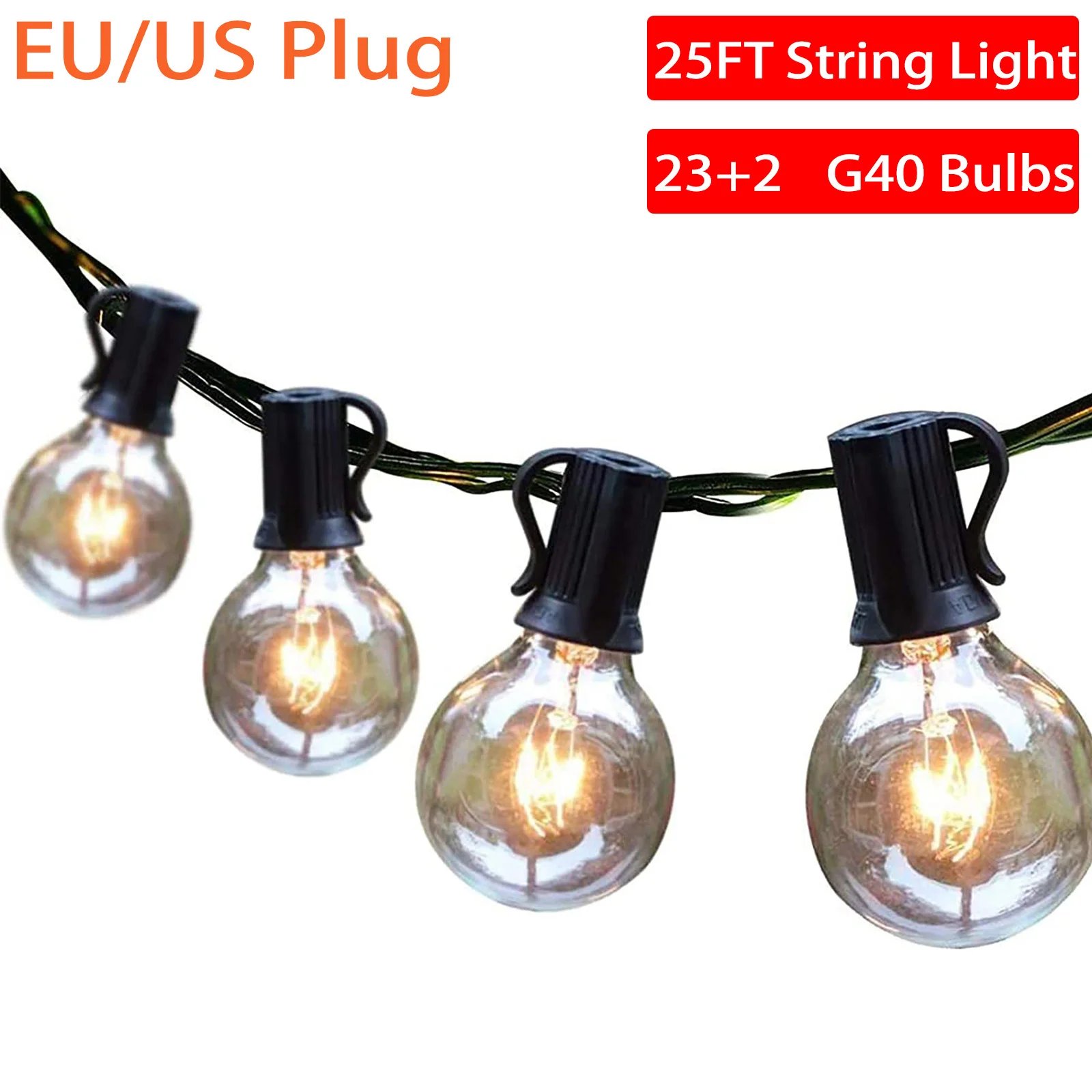 25FT G40 Outdoor String Lights IP44 Wateproof Tungsten Patio Lights with 25 E12  - £138.37 GBP