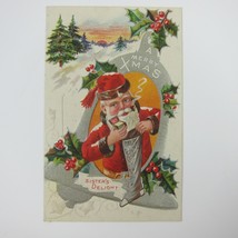 Vintage Christmas Postcard Santa Silver Bell Stocking Holly Embossed Antique - £15.68 GBP