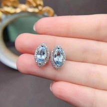 3Ct Marquise Cut Simulated Aquamarine Halo Stud Earrings 14K White Gold Plated - £83.92 GBP