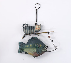 Christmas Ornament Fishing Cat with Fish Hand Painted Wood 7&quot; Tall - £9.43 GBP