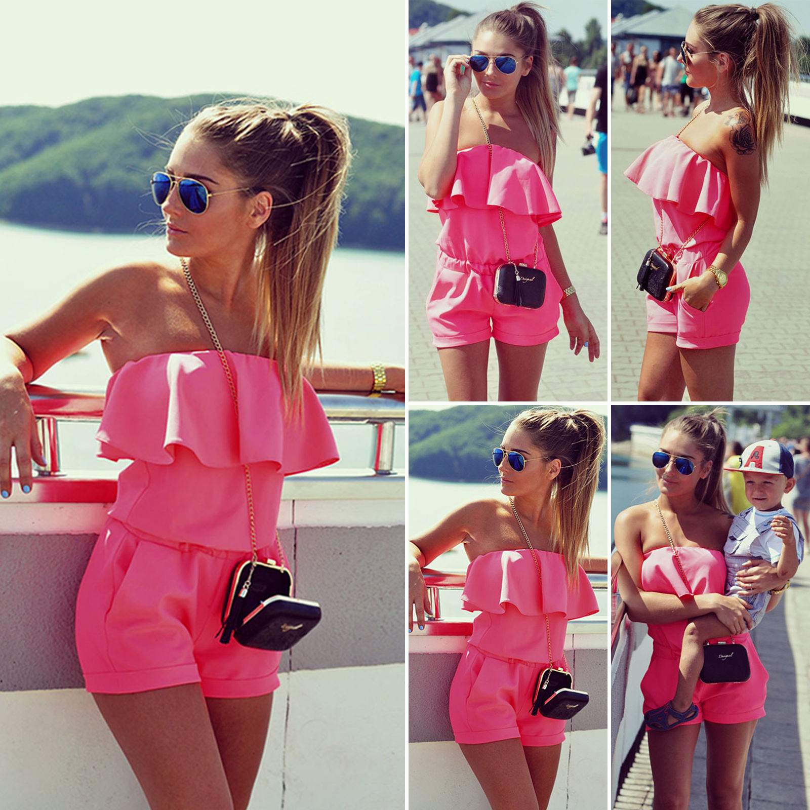 Pink Ruffle Holiday Mini Playsuit Jumpsuit Rompers Summer Beach Casual Shorts D