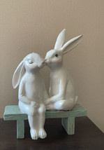 Bunny Rabbit Couple Kissing On Wood Bench Tabletop NWT White Easter Decor - £43.92 GBP