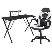 Black Gaming Desk and White/Black Racing Chair Set Cup Holder Headphone Hook - £268.55 GBP