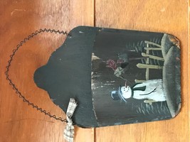 Vintage Repro Black Metal Wall Pocket w Painted Snowman &amp; Cardinal Bird - £8.20 GBP