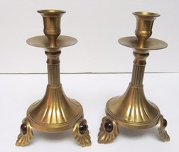 VINTAGE Candle Holders Sticks Brass Amber Tone Stones (2) Retro Decor In... - $88.75