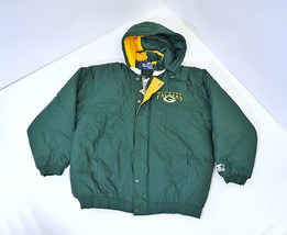 90s Green Bay Packers NFL Starter Mens Jacket Yellow Hooded Pockets Vintage Sz L - £41.87 GBP