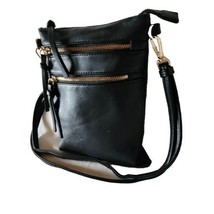 Womens Crossbody Bag Black Faux Leather Adjustable Strap Multi Section Zippered  - £12.97 GBP