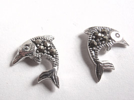 Leaping Dolphin 925 Sterling Silver Marcasite Stud Earrings - $14.39