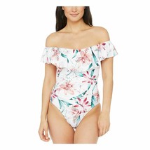 LA BLANCA Orchid Floral White One Piece Swimsuit Off Shoulder Size 14 Slimming - £61.68 GBP